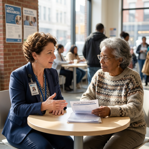 Employee and client discussing eligibility requirements for Medicaid in New York.